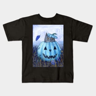 Blue Jack-o-lantern Cat Kids T-Shirt